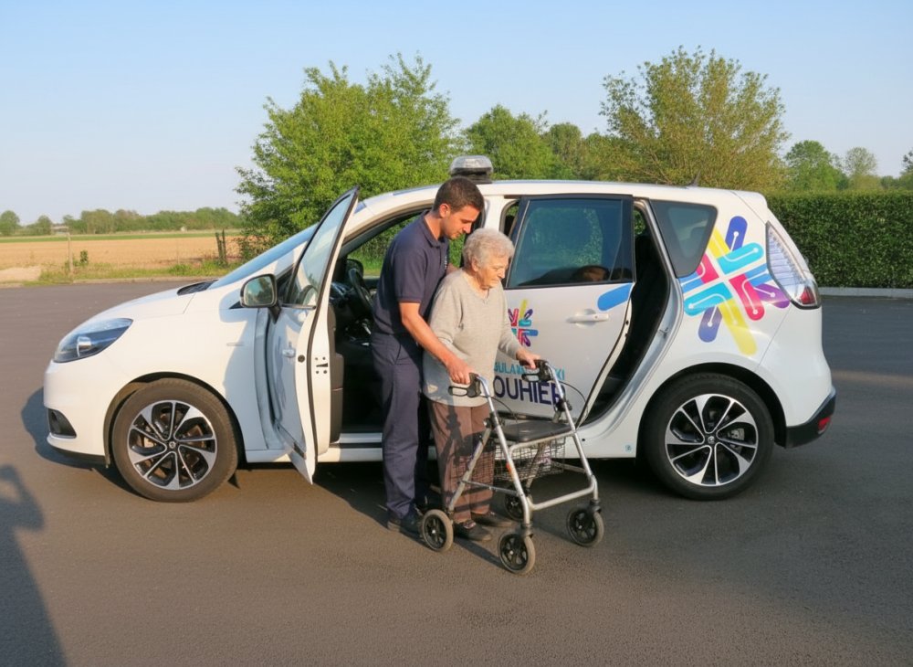 Aide au transfert d'une personne depuis son fauteuil vers un siège d'un véhicule Ambulances-Taxis Bouhier